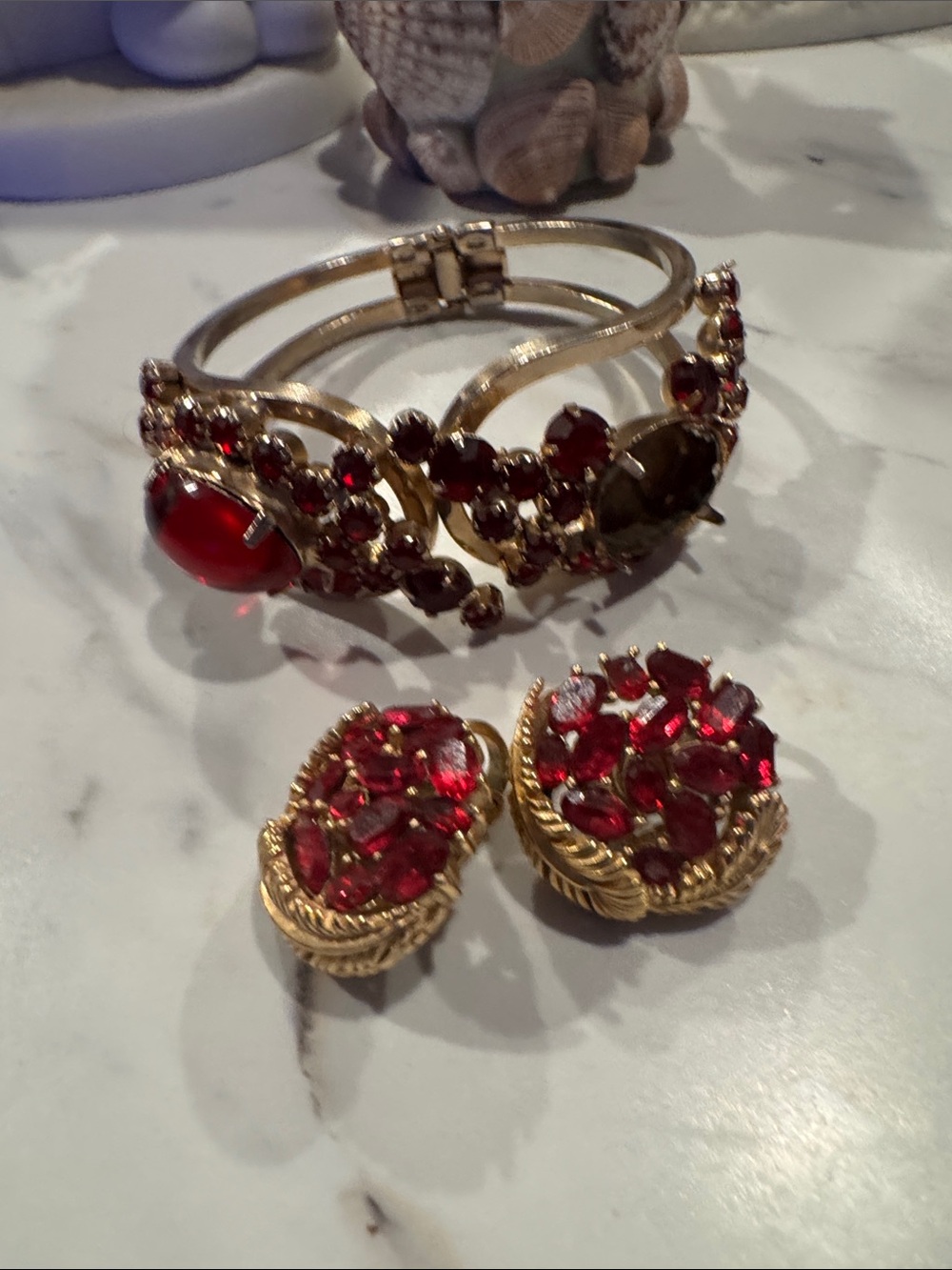 Gold-Tone Red Crystal Bracelet and Earring Set